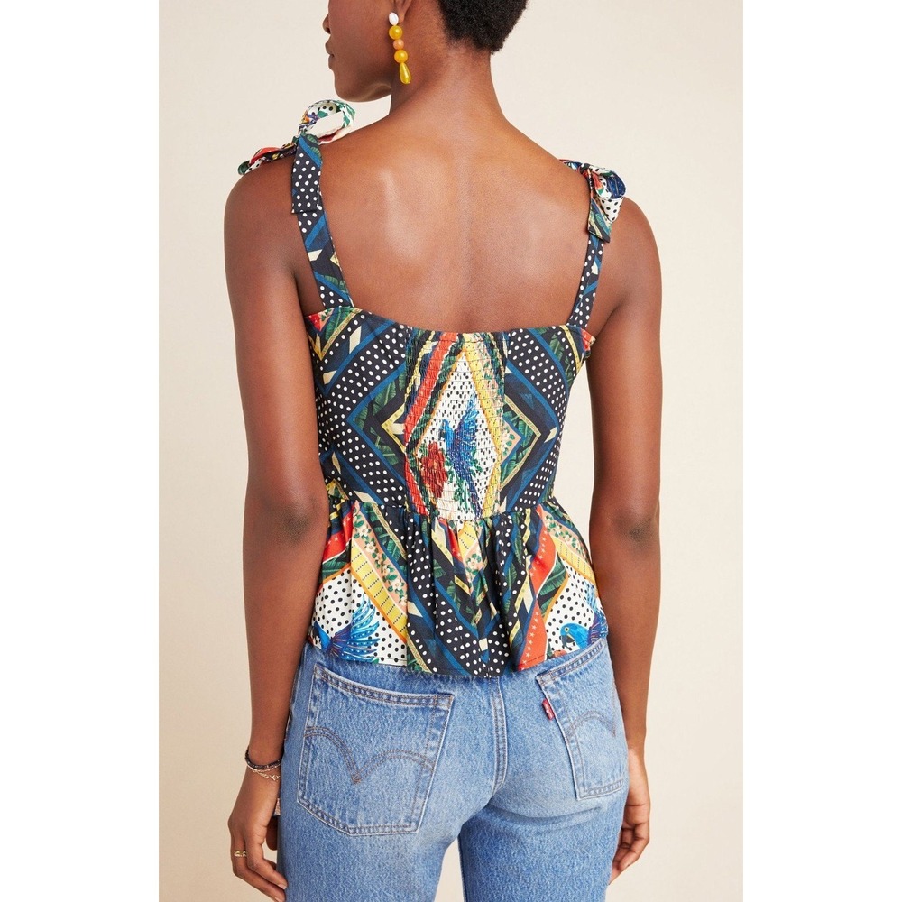 SOLD x Anthropologie Carmen Peplum Parrot Print Tie-Shoulder Blouse Top XL - Picture 2 of 15